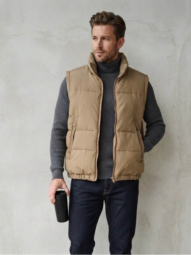 Classic Puffer Vest In Brown- Sleeveless Zip Front - Unisex